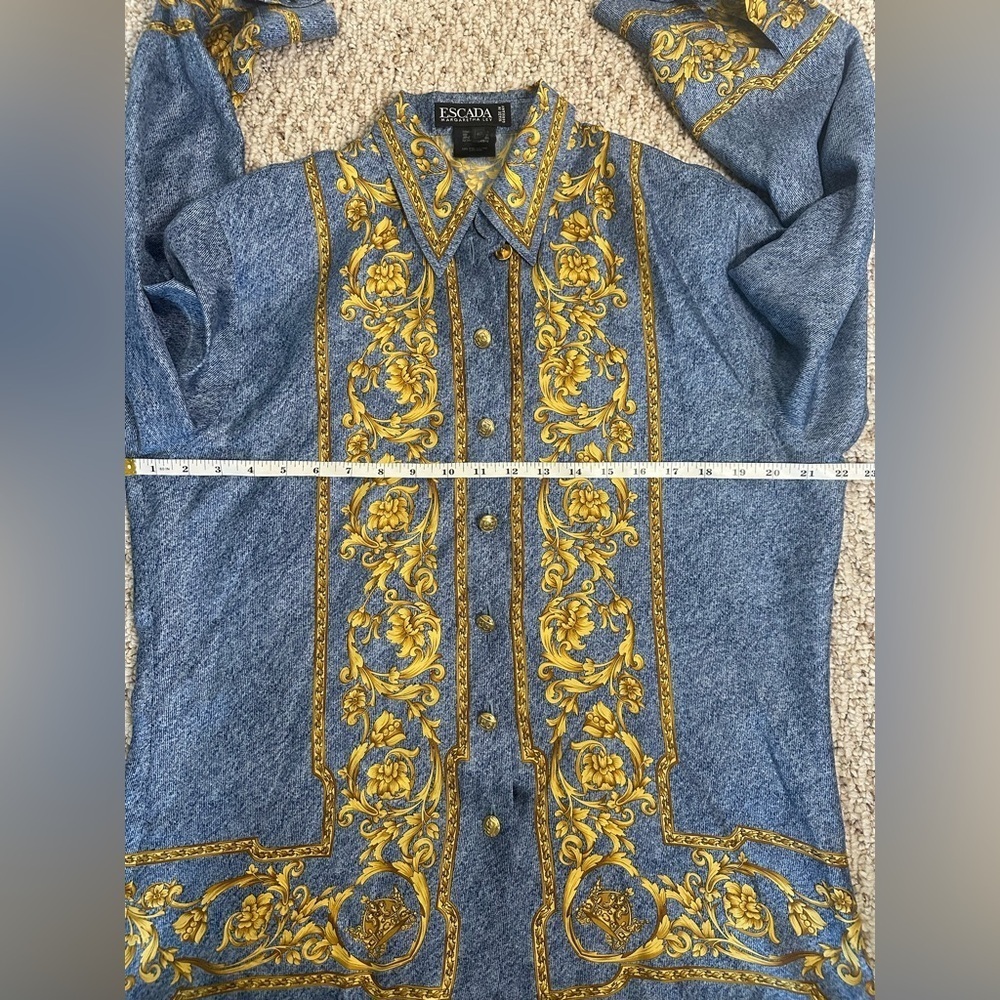 Escada Denim Printed and Gold 100% Silk Blend Top size 40 or medium - Picture 11 of 11